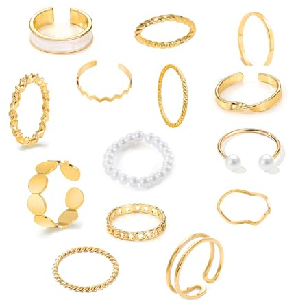 GoPaw 14 stycken vintage ringar guld kvinnor stapelbara vintageringar knuckle för flickor vintage ringar damset orm kristall pärla guld ring vintage punk ringar set boho chunky ringar, Guldpläterad