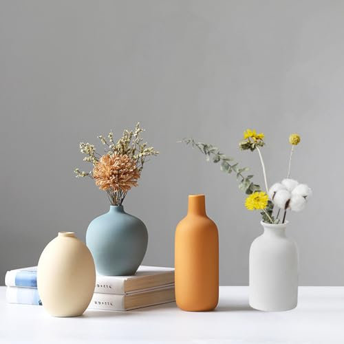 Juego de 4 jarrones de cerámica, jarrones de cerámica para decoración del hogar, floreros Decorativos para Hierba de Pampa y Flores secas, Mesa, estantería(Beige,Azul,Naranja,Blanco)