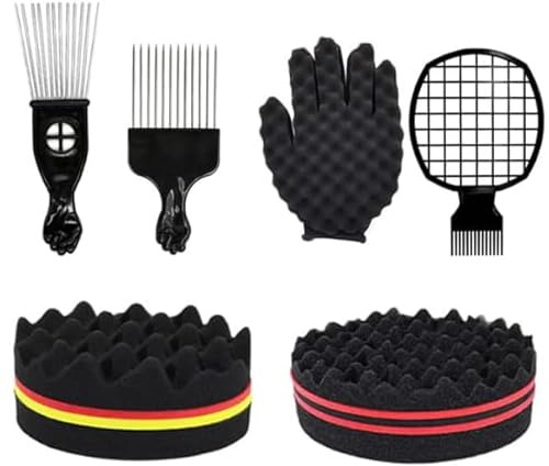 KHQBG Hair Sponge Set,Afro Brush, Magic Curl Glove, Metal Pick Comb, and Twist Comb for Hairstyling (Black-6Pcs)