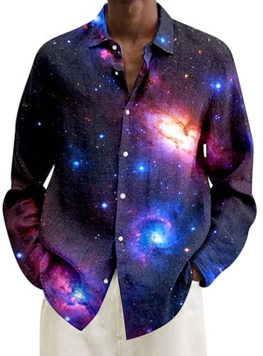 Chemise pour homme - Imprimé galaxie 3D - Chemise à paillettes - Chemise à manches longues - 2025 - Ciel étoilé - Chemise à manches longues avec boutonnière - En coton - Coupe droite - Chemises des