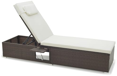 COSTWAY Rattan Sun Lounger, 6-Level Adjustable Garden Chaise Lounge Chair Deck Sunbed with Cushion, Headrest and Folding Table, Outdoor Wicker Reclining Chair for Patio Balcony Poolside (Off-White)