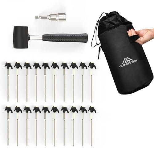 20x Tent Pegs with Thread & Rope Holder, Robust Steel Pegs with Mallet, Magnetic Bolt Head Adaptor and Bag for Camping and Outdoors Hard Stony Ground
