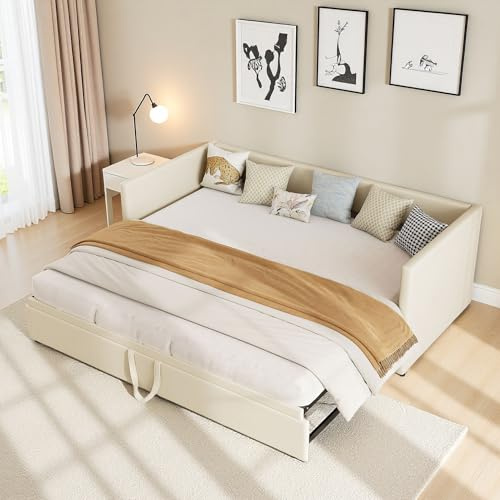 Aneutr Divano letto convertibile a 2 posti 90/180 x 200 cm, divano letto imbottito con rete a doghe, divano letto estraibile, estensibile, tessuto velluto(senza materasso) (beige)