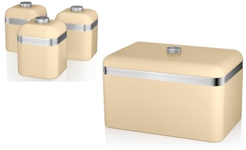 Swan Retro Cream Bread Bin and Tea, Coffee, Sugar Canisters. Matching Retro Design Kitchen Storage Set in Cream