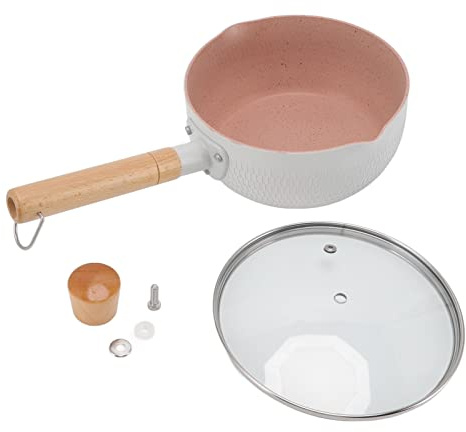 Fictory Sartén de aleación de aluminio a prueba de palos, olla de leche multifuncional, mango de madera, compatible con estufa de inducción y gas, blanco, fácil de limpiar, calentamiento uniforme