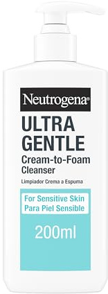 Neutrogena Ultra Gentle Detergente Crema-Schiuma, Detergente viso pelle sensibile e delicata, Foaming cleanser con tecnologia CICA + BarrierCare, Skincare non comedogenica e senza profumo, 200 ml