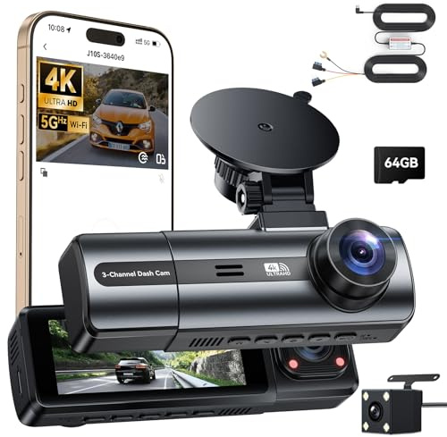 BKXCHA Dashcam 4K 3-Canali, 3,17 Display IPS Dash Cam, Telecamera Auto con WiFi & App, Grandangolo 170°, Sensore G, Visione Notturna, Registrazione in Loop, Monitoraggio Parcheggio,Scheda SD da 64 GB