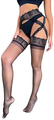 comeondear Collant Ouvert Sexy Femme Grande Taille XS-5XL Bas pour Porte-Jarretelles Transparent Taille Haute Bas Hauts de Cuisse Dentelle Collant Voile Fin Pantyhose Léger Respirant(Élégant Boîte)