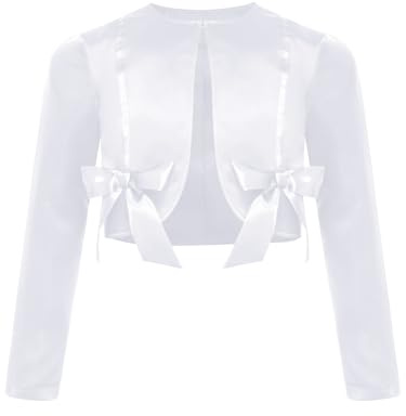 Miutii Bolero Bambine in Satin Elegante con Maniche Lunghe Giacca Spalle Cardigan Top Abiti Comunione Abiti Battesimo Party Avorio 7-8 Anni