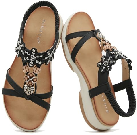 ZDQ Sandals for Women Summer Ladies Bohemian Flat Sandals with Rhinestone Comfortable Arch Support Slip On Holiday Sandals