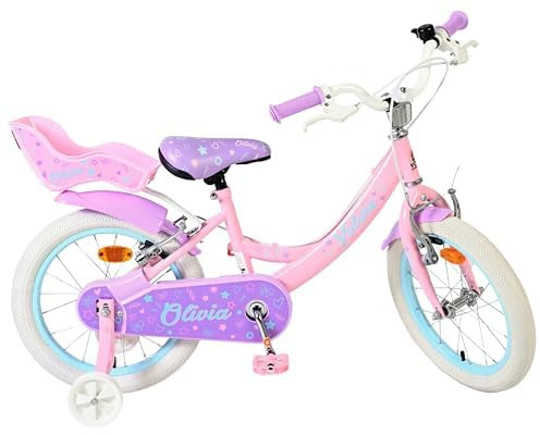 Volare Olivia Pink Kids Bike | Age 4-6 | 16 Inch Wheel | 2 Handbrakes (Front & Back Wheel), Removable Stabilisers, Chain Guard, Pedal Reflectors | Adjustable Saddle | Rear Doll Seat | Gift for Girls