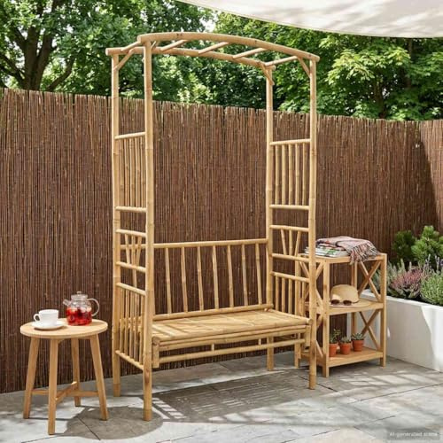 Trädgårdsbåge med bänk, natur, bambu, 115 x 50 x 205 cm, fristående för trädgård, terrass, balkong med spaljé, som rosbåge och lövgång, dekoration, insynsskydd