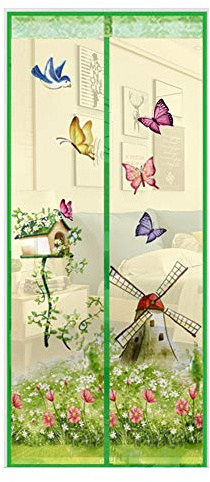 happyhouse009 Magnetischer Fliegenvorhang für den Garten, Schmetterlings-Windmühle, Insektenschutz, freihändig, Sommer, Magnetschutz, Fenster, Tür, Fliegenvorhang, Grün, 90 x 210 cm