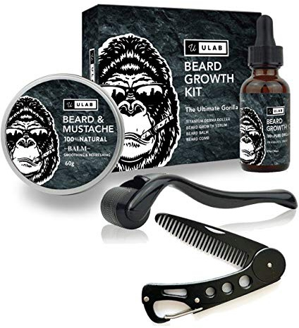 uLab Kit de croissance de barbe Gorilla Ultimate avec Derma Roller, huile à barbe, baume à barbe et peigne coiffant pliable – Coffret cadeau pour homme pour la croissance, le coiffage et l'entretien