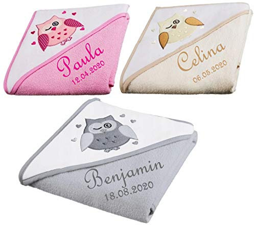 Maxi Baby Kapuzentuch mit Namen bestickt Eule grau rosa beige Kapuzenhandtuch Handtuch Kinder (rosa)