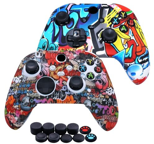 [2PCS] Jusy for Xbox Series X/S Controller Soft Silicone Cover Skin, Sweat-Proof Anti-Slip Case Cover Protective Accessories Set, Dust-Proof Skin for Xbox Series X/S, with 10 Thumb Grips(Street style)