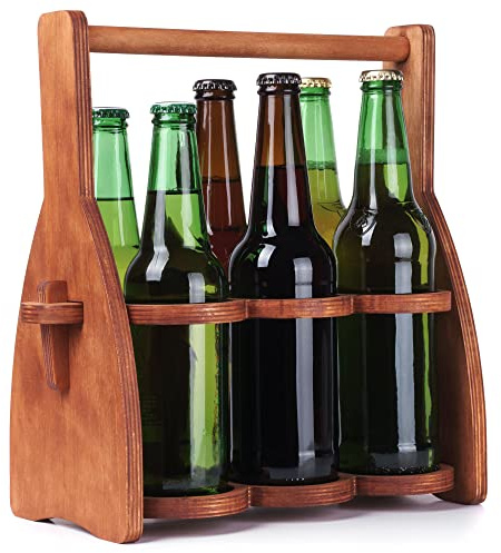 ROSTMARYGIFT Wooden 6-Bottle Beer Caddy - Collapsible Drink Holder - Beer Lover Gifts for Men, Him, Dad - Six Pack Wood Beer Carrier Basket Tote Organizer - Valentine's Day Gift
