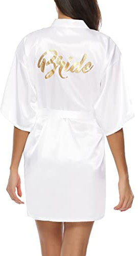 Migcaput Kimono Damen Sexy Braut Satin Morgenmantel V-Ausschnitt Bademantel Seide Robe Nachthemd Sommer Champagner Party für Frauen Braut Weiß XXL