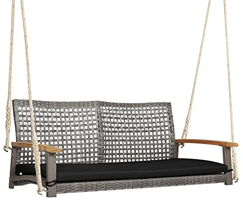 RELAX4LIFE 2-Seater Outdoor Porch Swing - Patio PE Rattan Hanging Swing Bench with Seat Cushion and Strong Hanging Ropes, Wicker Swing Loveseat Bench for Porch, Backyard, Garden, 800 lbs (Black)