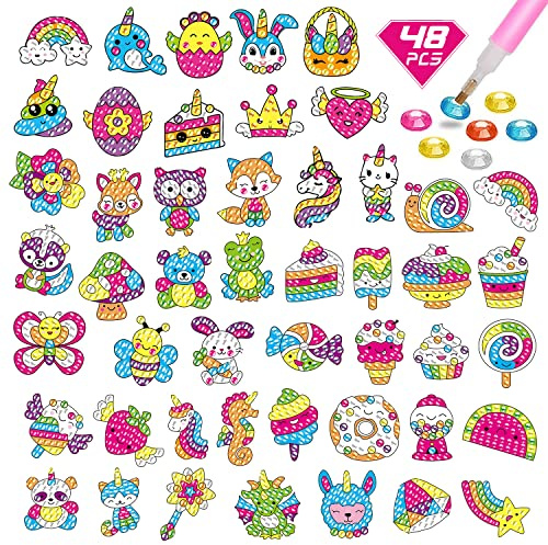 Diamantmålningsklistermärken, CAYUDEN 48st Diamantkonstmålningsklistermärken för barn 5D Diamantprickar Målning Självhäftande Mosaik Klistermärken Kit Gem Art Stickers för Barn i åldrarna 6 8 10 12