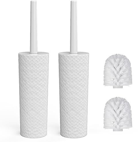 Toilet Brush, 2 Pack Toilet Brushes & Holders Sets with Plastic Handle and Soft Flexible Bristles, 4 Toilet Brush Heads for Bathroom Toilet-Ergonomic, Elegant, Durable Loo Brush (White)