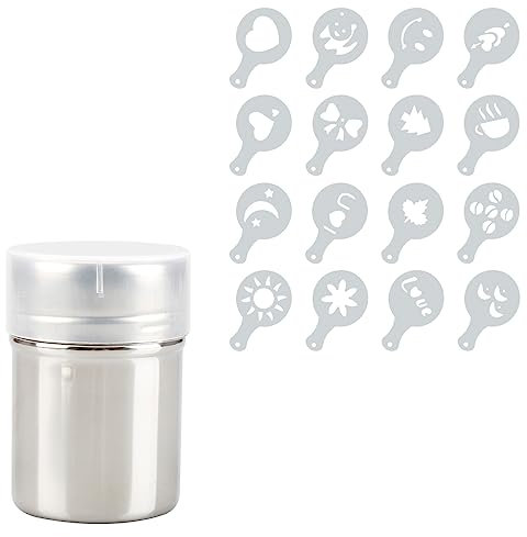 Stainless Steel Powder Shaker Set, GLADFRESIT Chocolate Shaker with 16Pcs Coffee Stencils - Icing Sugar Cocoa Sprinkler for Latte Cappuccino