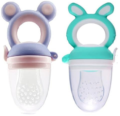 Yummy Baby Fresh Fruit & Food Feeding Teether (2 Pack), Food Grade, BPA-Free, Ultra-Soft Silicone Pouches (Gray Bear/Green Rabbit)