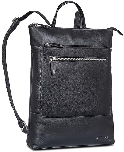 ROYALZ 'Orlando' flacher Vintage Lederrucksack Herren und Damen Echtleder mittel-groß - 14 bis 15,6 Zoll Laptop Rucksack Tagesrucksack Leder für Business Uni Freizeit, Farbe:Schwarz