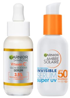Garnier Daily Routine Bundle Vitamin C Brightening Serum + Invisible Serum Super UV mit LSF 50+, Gesichtsserum mit Vitamin C und Gesichtsserum mit UV-Schutz, SkinActive + Ambre Solaire, 2 x 30 ml