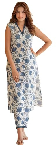 INDACORIFY Set di Camicie da Donna in Corda di Cotone, Bellissimo Abito Indiano con Pantaloni Kurti Stampati a Fiori (IT, Testo, M, Regular, Regular, Cotone)