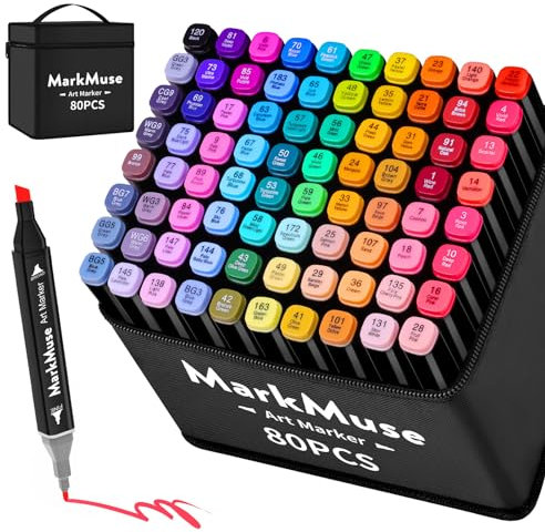 MarkMuse 80 Alkohol Marker Set, Doppelspitze (Meißel & Feinspitze) Blitzschnell Trocknende Alkohol Marker Stifte für Studenten, Künstler & Anfänger – Ideal für Manga, Skizzen, Design-Projekte