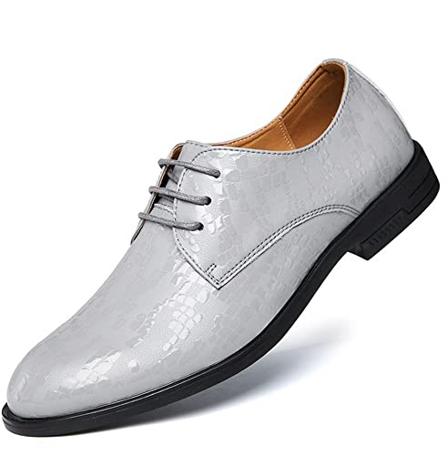 Kanggrei Zapatos Formales Vestido Oxford for Hombres con Cordones Brillantes Punta Redonda Derby Zapatos Cuero Suela De Goma Antideslizante Tacón De Bloque Negocios(Color:Grau,Size:43 EU)