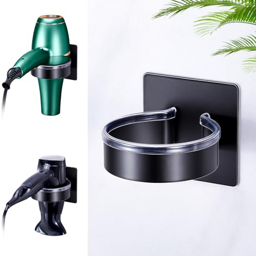 WAYASI Hairdryer Holder Wall Mounted, Hair Dryer Holders, Hairdryer Holder Station, Adhesive Hair Dryer Stand, Hair Tool Organizer Storage, Blow Dryer Holder for Bathroom Dressing Table (Black)