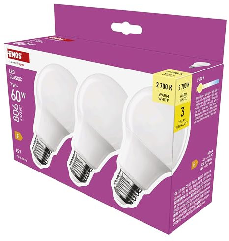 EMOS LED Lampe A60-Birne 3er Pack, 7W Ersatz für 60W Glühbirne, klassische Birne mit E27 Sockel, Helligkeit 806 lm, Warmweiß 2700 K, 30000 h Lebensdauer, CRI min. 80, 180° Abstrahlwinkel