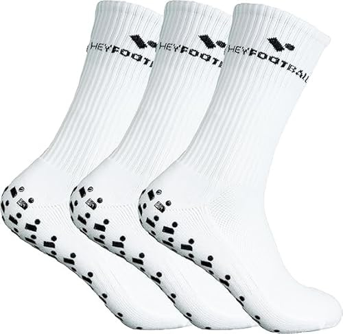 HEYFOOTBALL - Premium Fußballsocken - 3 Paar - Größe 39-46 - Rutschfeste Fußball Socken, Atmungsaktive Grip Sportsocken, Anti-Rutsch Fussball Socken - Weiß