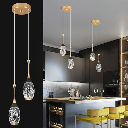 ZYBWL Moderne Schwarz-Gold-Hängeleuchte 2 Flammig LED-Deckenleuchten Mini Teardrop Kristall Pendelleuchte für Küche Insel Schlafzimmer Flur Eingang Hängelampe Höhenverstellbar