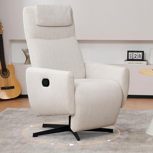 DEKKETO Waterproof Recliner Armchair with Headrest and Footstool, Swivel Cinema Chair for Living Room with Reclining Function 100°-160° Any Angle Adjustment, 360° Free Rotation, Chenille Fabric, Beige