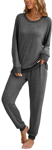 Famulily Conjunto de pijama de 2 piezas para mujer, manga larga, cuello acanalado con abertura lateral, parte superior y puños elásticos, ropa casual para el hogar, tallas S-XL, gris oscuro, S