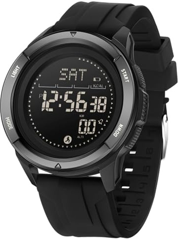 BIEWO Orologio sportivo militare da uomo, digitale, impermeabile, 5 ATM, orologio fitness con bussola, metronomo, conteggio calorie, cronometro, cronometro, orologio da corsa (silicone nero)