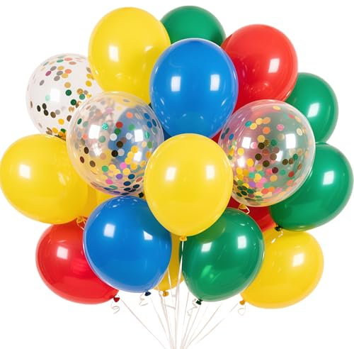 EWODEIEW 60 palloncini colorati da 12 pollici con coriandoli colorati, palloncini in lattice, rossi, blu, verdi, arcobaleno, palloncini a elio per compleanni, matrimoni, anniversari