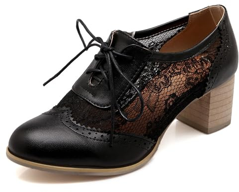 Gicoiz Brogue Oxford Tacón Ancho Mujer Cordones Clásica Derby Formal Punta Rojoonda Oficina Trabajo Zapatos Formal Pumps Negro Talla 40 EU-41Cn