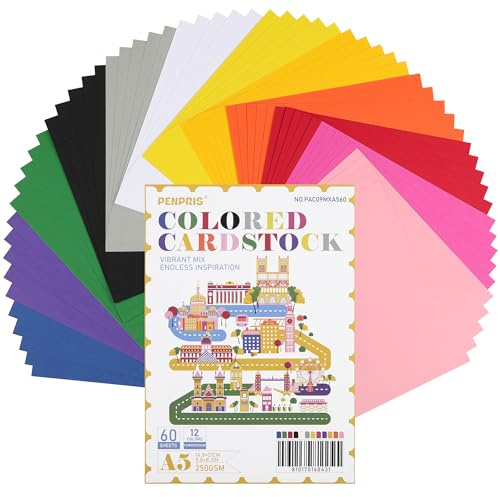 60 feuilles de carton coloré -A5 250gsm papier de carte 12 couleurs vives 92lb papier pliable pour les enfants adultes débutants arts et métiers projets bricolage PAC09MXA560