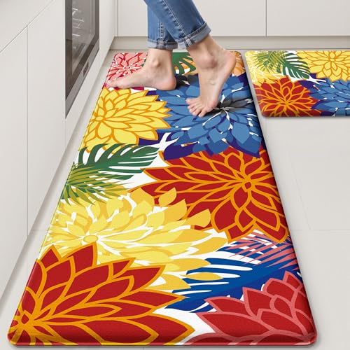 Arenarug Kitchen Mats for Floor 2PCS Cushioned Anti Fatigue Kitchen Mats Waterproof Non Slip Kitchen Mat Rug Set Comfort Foam Standing Mat for Sink, Laundry, Office,17.3 x 28 + 17.3 x 47, Colorful