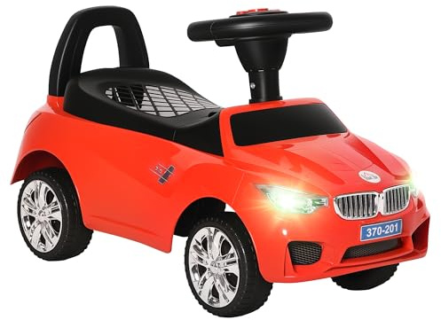 HOMCOM Porteur Enfants Voiture, véhicule à Pousser avec Coffre à Jouets, klaxon, phares et Musique, développe la motricité de Votre Enfant, 18-36 Mois, Rouge