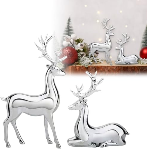 Weihnachts Rentier Figure, Rentier Hirsch Skulptur Winter Weihnachten Deko, Kreative Deko für Wohnzimmer, Küche, Schlafzimmer, Festliche Elch Statuen als Saisonale Heim und Partydekoration,Silber
