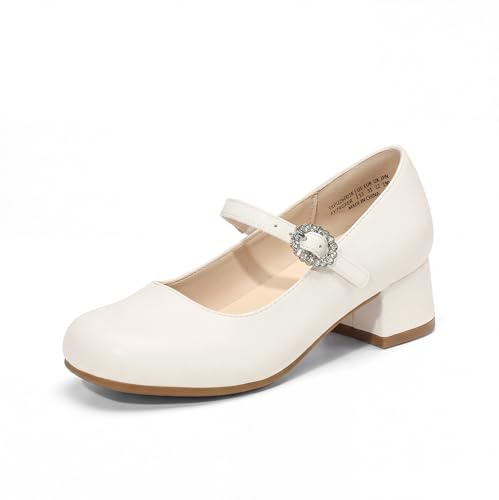 DREAM PAIRS Girls Dress Shoes Mary Jane Low Heels Flower Wedding Party Pump Prom Footwear for Little/Big Kids,Size 5 Big Kid,Ivory,SKPU26003K