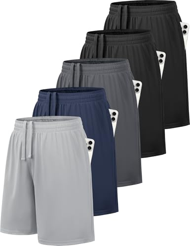 GetGigt 5 Pack Boys Shorts Kids Youth School PE Football Basketball Sports Shorts Quick Dry with Elastic Waist Pockets (XL,Black, Black, Dark Grey, Navy, Light Grey)