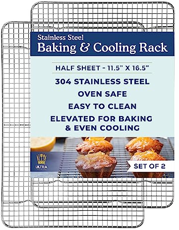 Ultra Cuisine Oven-Safe, Dishwasher-Safe 100% Stainless Steel Cooling and Baking Rack Set Heavy Duty Tight-Wire - 11.5 x 16.5-inch - Set of 2 - Half Sheet Pan Cooling Racks