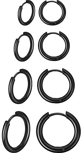 Boao 4 Paia Orecchini a Cerchio in Acciaio Inossidabile Piccoli Orecchini per Uomo e Donna Anello Cartilagine per Labbra e Naso (8 mm, 10 mm, 12 mm, 14 mm, Nero)