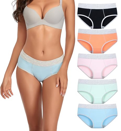 TUTUESTHER Cotton Underwear for Women Mid Rise Full Briefs Stretchy Ladies Hipster Panties 5Pack(Large, Light Blue/Green/Pink/Orange/Black)